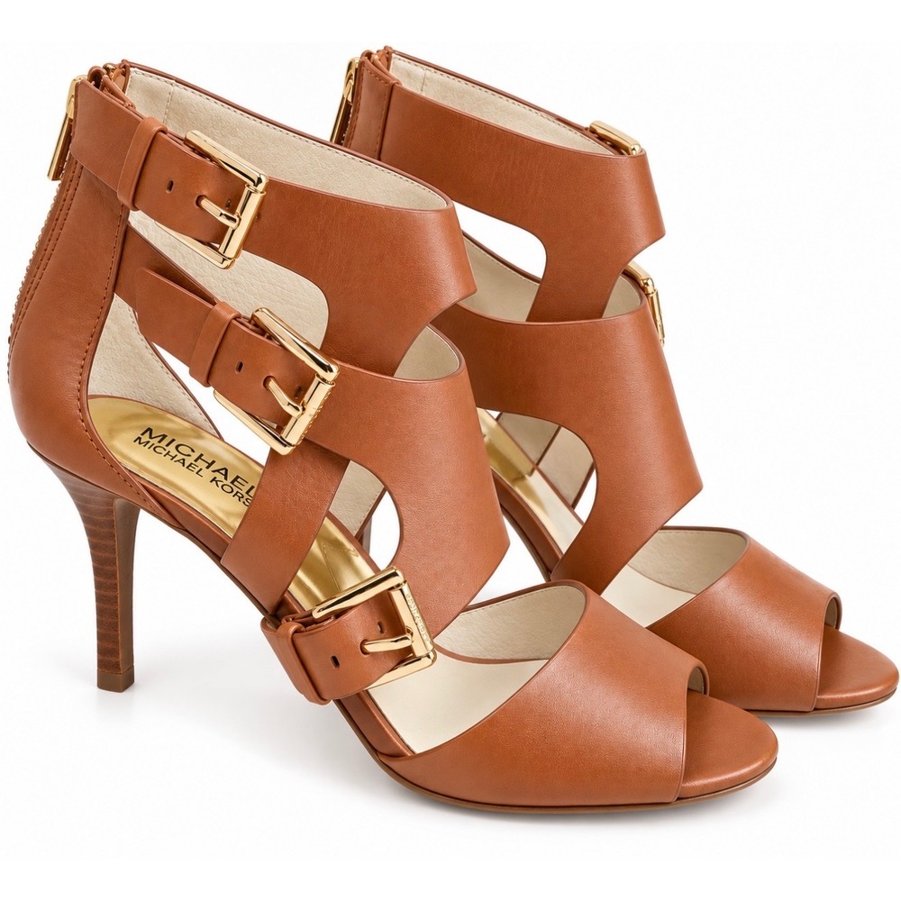 Michael Kors Womens PW14E Luggage Brown Leather Buckle Gladiator Heels Size 8M
